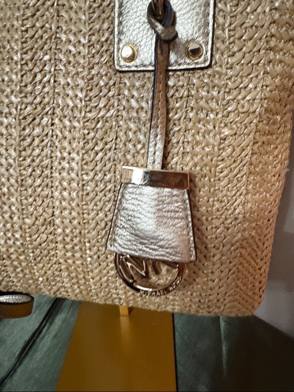 Michael Kors Rosalie Straw Tote with Gold Metallic Trim and Chain Handles - Picture 2 of 14